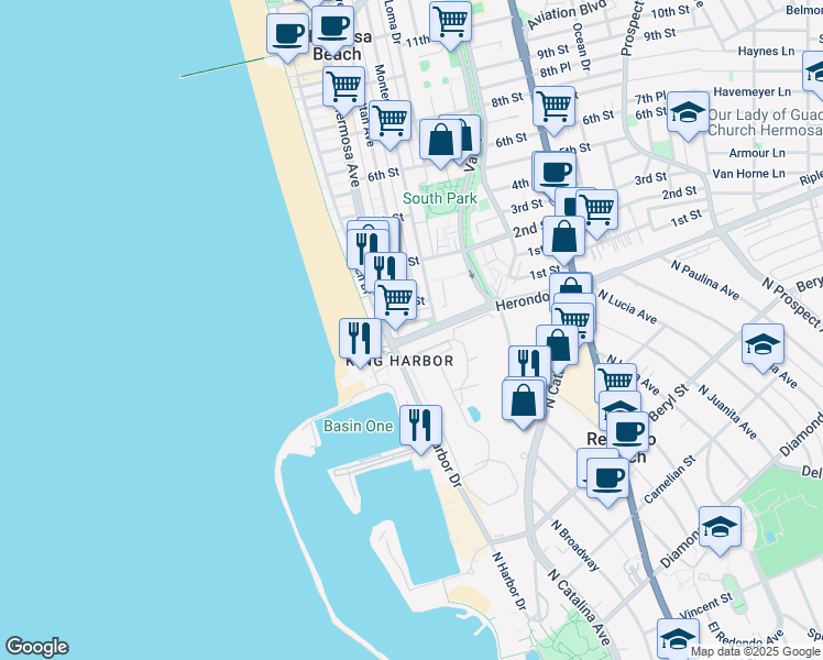 map of restaurants, bars, coffee shops, grocery stores, and more near 161 Lyndon Street in Hermosa Beach