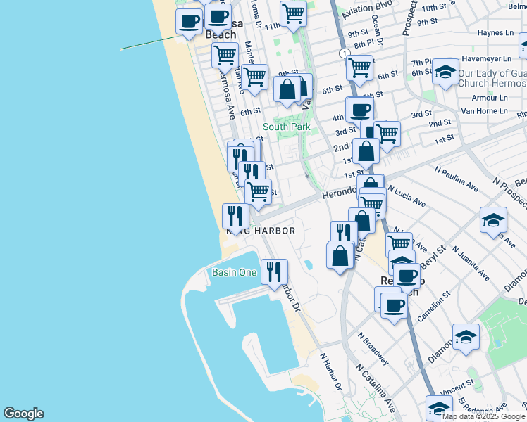 map of restaurants, bars, coffee shops, grocery stores, and more near 161 Lyndon Street in Hermosa Beach
