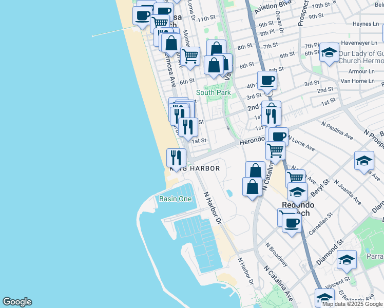 map of restaurants, bars, coffee shops, grocery stores, and more near 16 Hermosa Avenue in Hermosa Beach