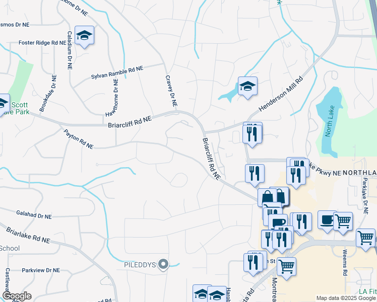 map of restaurants, bars, coffee shops, grocery stores, and more near 4599 Briarcliff Road Northeast in Atlanta
