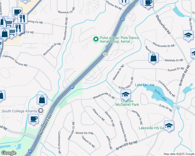 map of restaurants, bars, coffee shops, grocery stores, and more near 2515 I - 85 Frontage Road in Atlanta