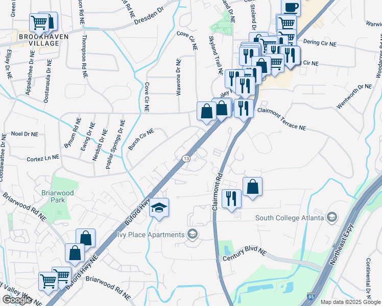 map of restaurants, bars, coffee shops, grocery stores, and more near 3704 Buford Highway Northeast in Atlanta