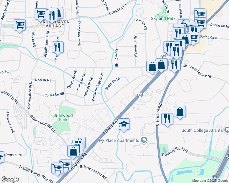 map of restaurants, bars, coffee shops, grocery stores, and more near 2111 Drew Valley Road Northeast in Atlanta