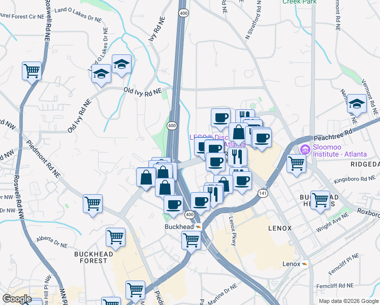 map of restaurants, bars, coffee shops, grocery stores, and more near 3612 North Stratford Road Northeast in Atlanta