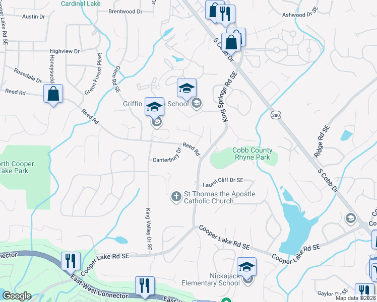 map of restaurants, bars, coffee shops, grocery stores, and more near 1151 Reed Road in Smyrna