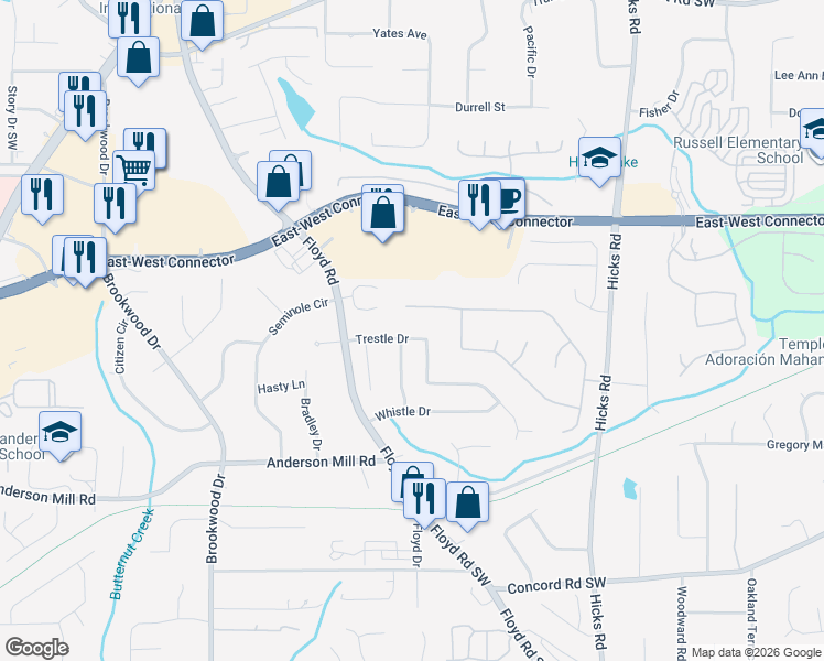 map of restaurants, bars, coffee shops, grocery stores, and more near 1065 Trestle Drive in Austell
