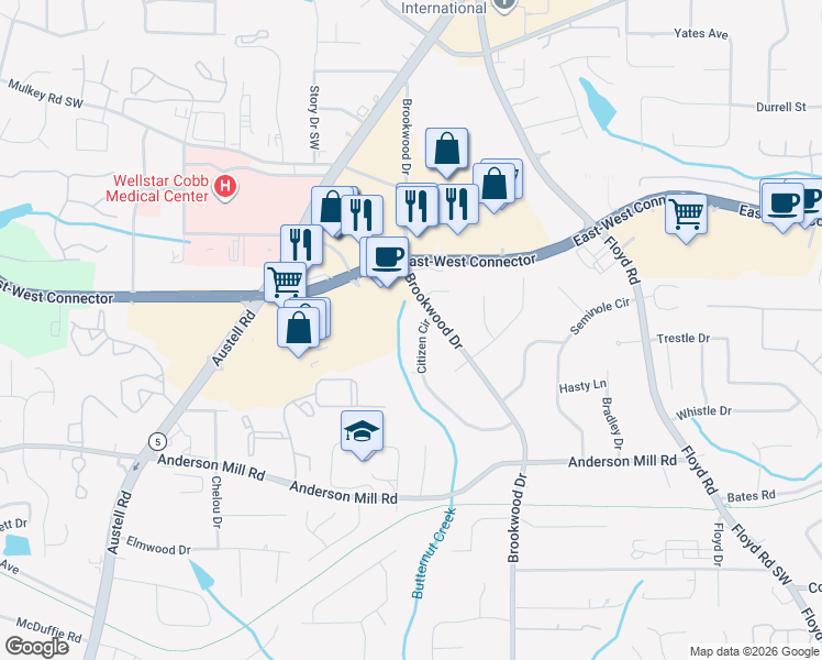 map of restaurants, bars, coffee shops, grocery stores, and more near 4120 Citizen Circle in Austell