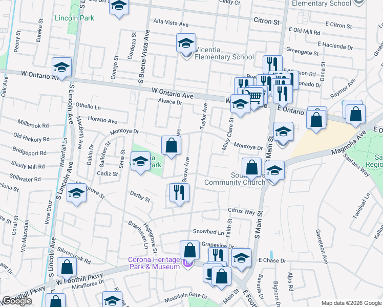 map of restaurants, bars, coffee shops, grocery stores, and more near 2447 Grove Avenue in Corona