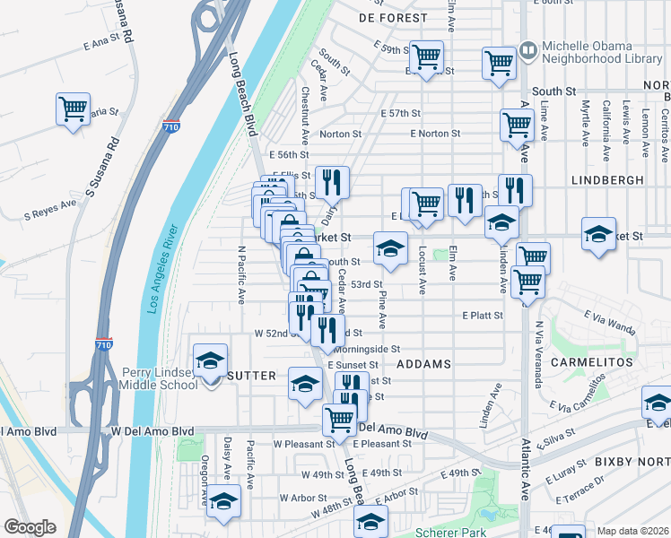map of restaurants, bars, coffee shops, grocery stores, and more near 51 East Plymouth Street in Long Beach