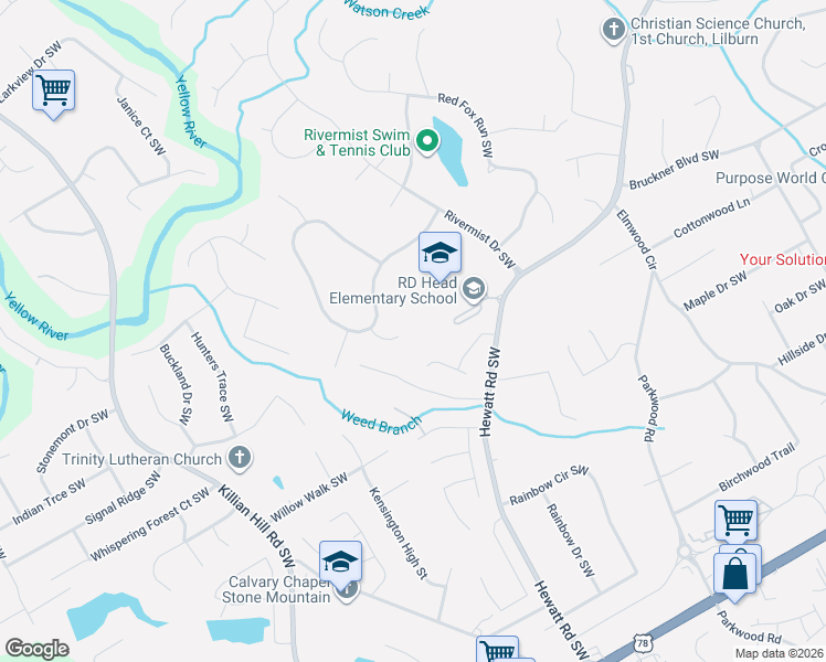 map of restaurants, bars, coffee shops, grocery stores, and more near 1776 Bear Cave Southwest in Lilburn
