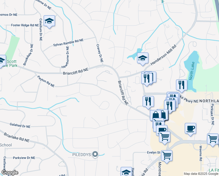 map of restaurants, bars, coffee shops, grocery stores, and more near 4599 Briarcliff Road Northeast in Atlanta