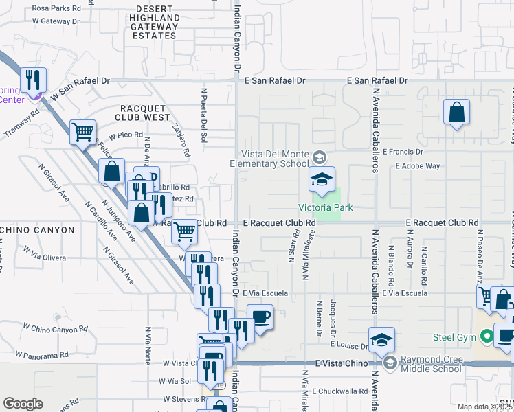 map of restaurants, bars, coffee shops, grocery stores, and more near 200 East Racquet Club Road in Palm Springs