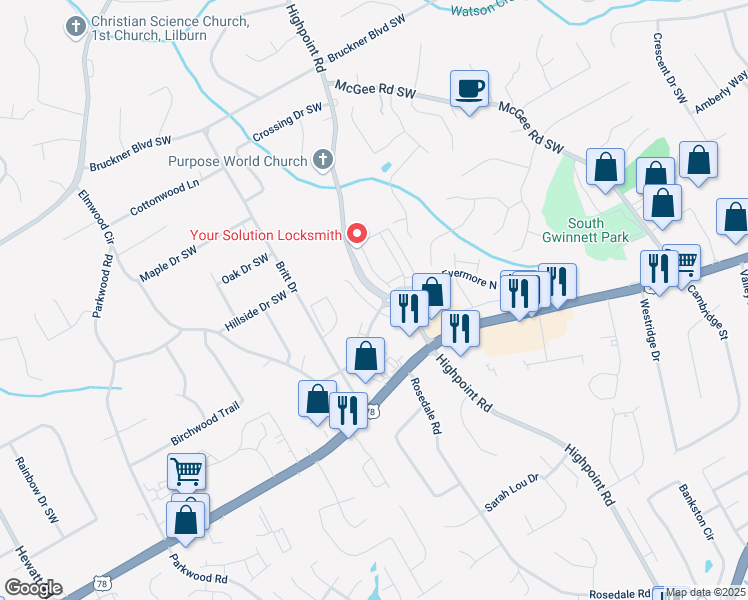 map of restaurants, bars, coffee shops, grocery stores, and more near 2182 Talmai Drive in Snellville