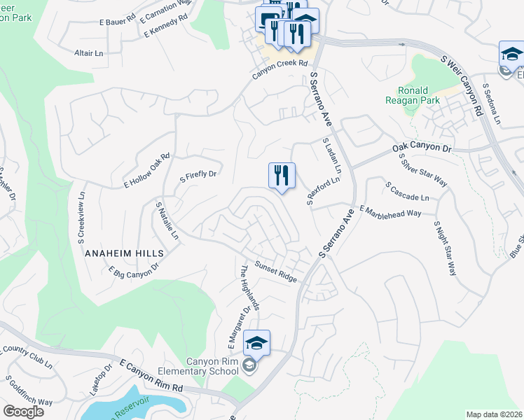 map of restaurants, bars, coffee shops, grocery stores, and more near 7859 East Quinn Drive in Anaheim