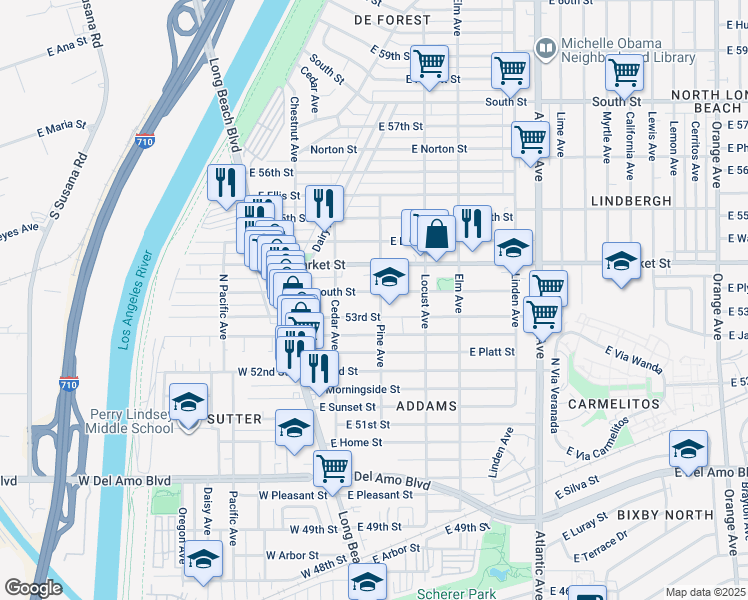 map of restaurants, bars, coffee shops, grocery stores, and more near 159 East Plymouth Street in Long Beach