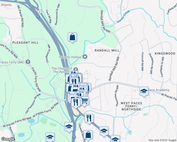 map of restaurants, bars, coffee shops, grocery stores, and more near 45 Paces West Drive Northwest in Atlanta