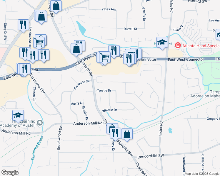 map of restaurants, bars, coffee shops, grocery stores, and more near 3915 Brantley Drive in Austell