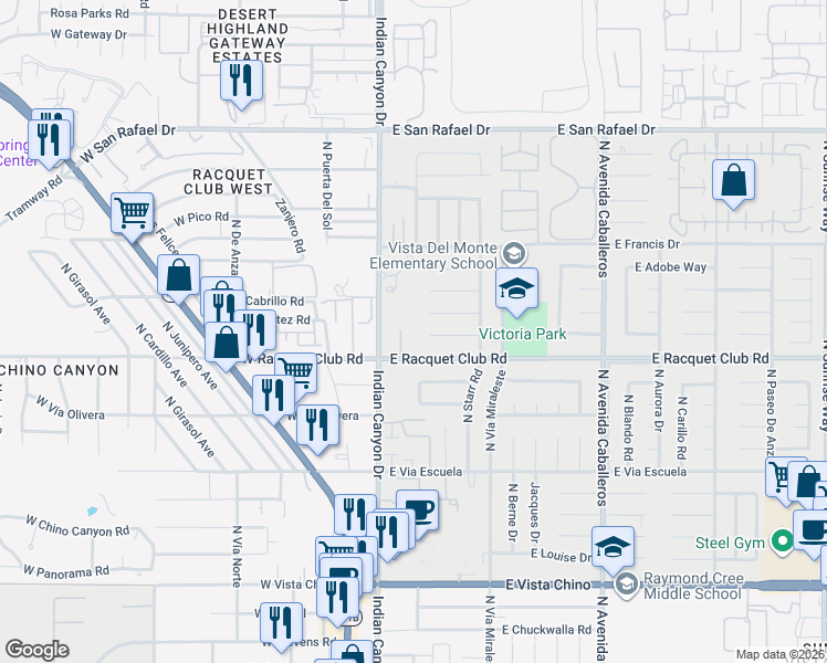 map of restaurants, bars, coffee shops, grocery stores, and more near 200 East Racquet Club Road in Palm Springs