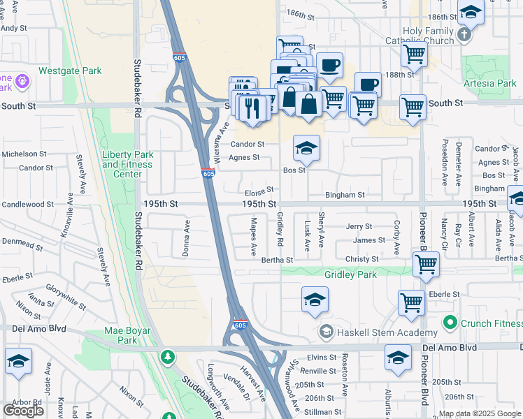 map of restaurants, bars, coffee shops, grocery stores, and more near 11334 Eloise Street in Cerritos