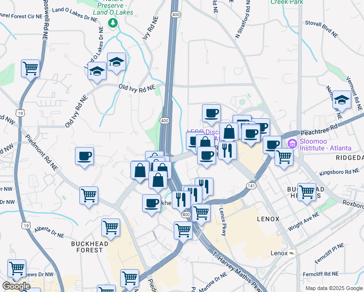 map of restaurants, bars, coffee shops, grocery stores, and more near 3612 North Stratford Road Northeast in Atlanta