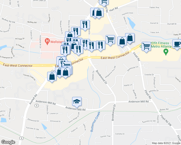 map of restaurants, bars, coffee shops, grocery stores, and more near 4120 Citizen Cir in Austell