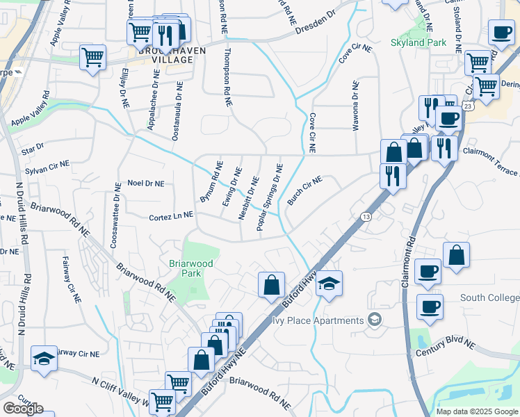 map of restaurants, bars, coffee shops, grocery stores, and more near 2322 Poplar Springs Drive Northeast in Atlanta