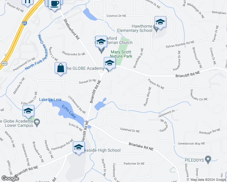 map of restaurants, bars, coffee shops, grocery stores, and more near 2327 Doreen Court Northeast in Atlanta