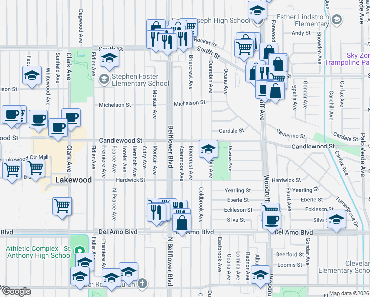 map of restaurants, bars, coffee shops, grocery stores, and more near 5232 Adenmoor Avenue in Lakewood