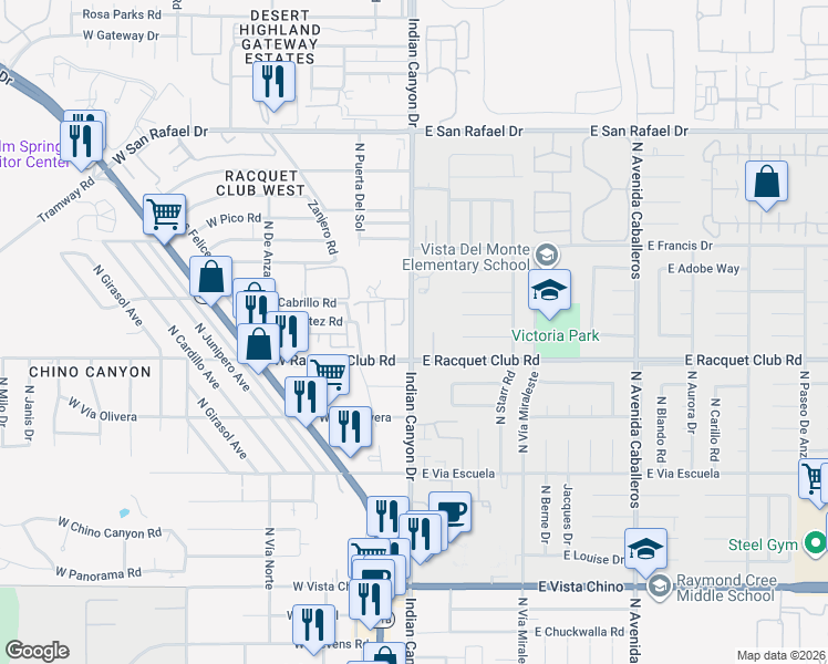 map of restaurants, bars, coffee shops, grocery stores, and more near 200 East Racquet Club Road in Palm Springs