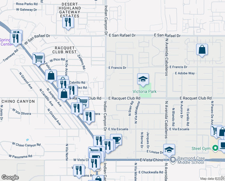 map of restaurants, bars, coffee shops, grocery stores, and more near 200 East Racquet Club Road in Palm Springs