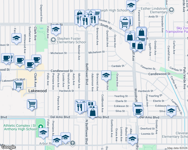 map of restaurants, bars, coffee shops, grocery stores, and more near 5232 Adenmoor Avenue in Lakewood