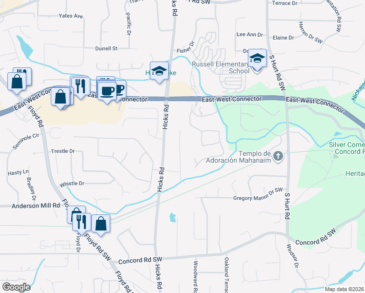 map of restaurants, bars, coffee shops, grocery stores, and more near 4191 Alaina Circle in Austell