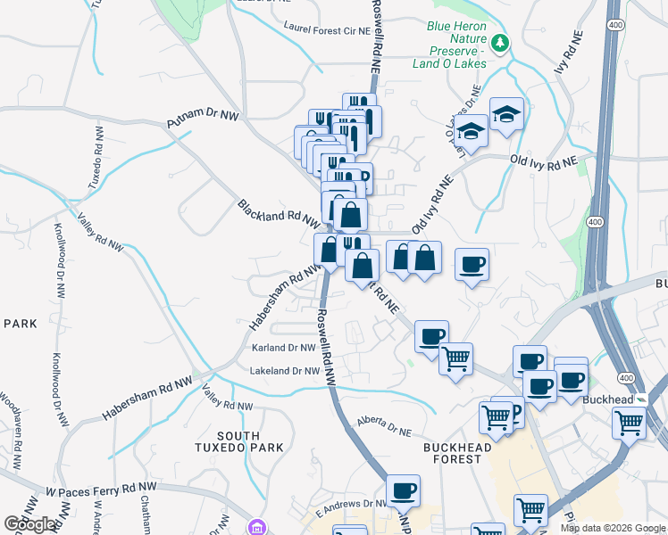 map of restaurants, bars, coffee shops, grocery stores, and more near 3649 Piedmont Road Northeast in Atlanta