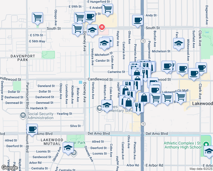map of restaurants, bars, coffee shops, grocery stores, and more near 5238 Minturn Avenue in Lakewood