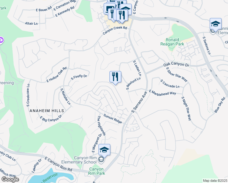 map of restaurants, bars, coffee shops, grocery stores, and more near 7923 East Quinn Drive in Anaheim