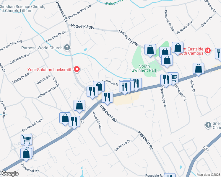 map of restaurants, bars, coffee shops, grocery stores, and more near 3117 Old Highway 78 in Snellville