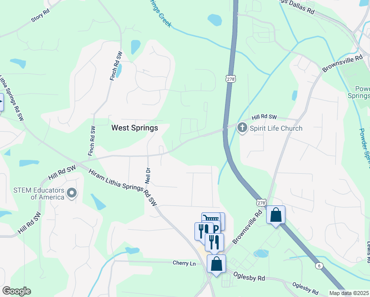 map of restaurants, bars, coffee shops, grocery stores, and more near 5075 Hill Road in Powder Springs