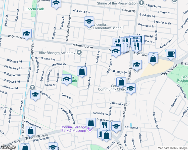 map of restaurants, bars, coffee shops, grocery stores, and more near 2405 Grove Avenue in Corona