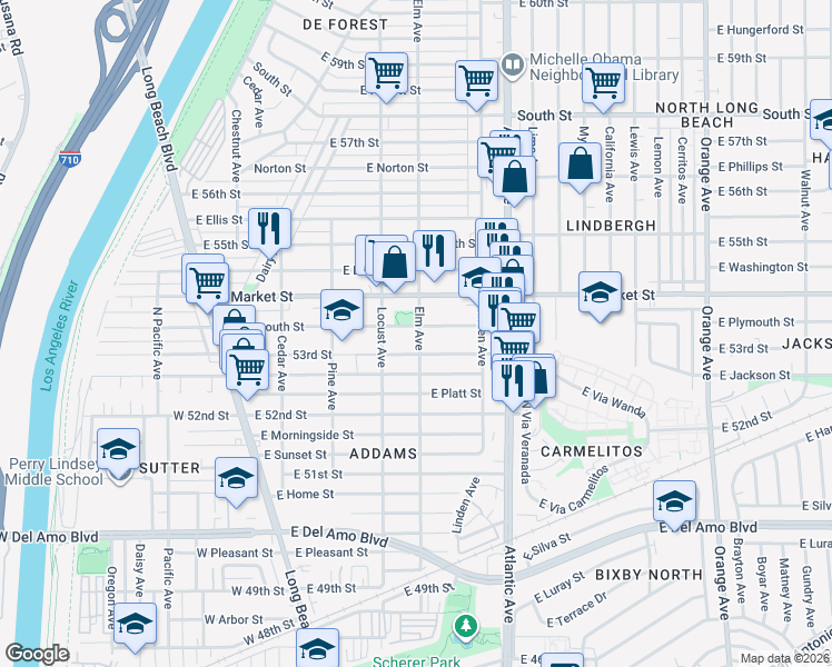 map of restaurants, bars, coffee shops, grocery stores, and more near 360 East Plymouth Street in Long Beach
