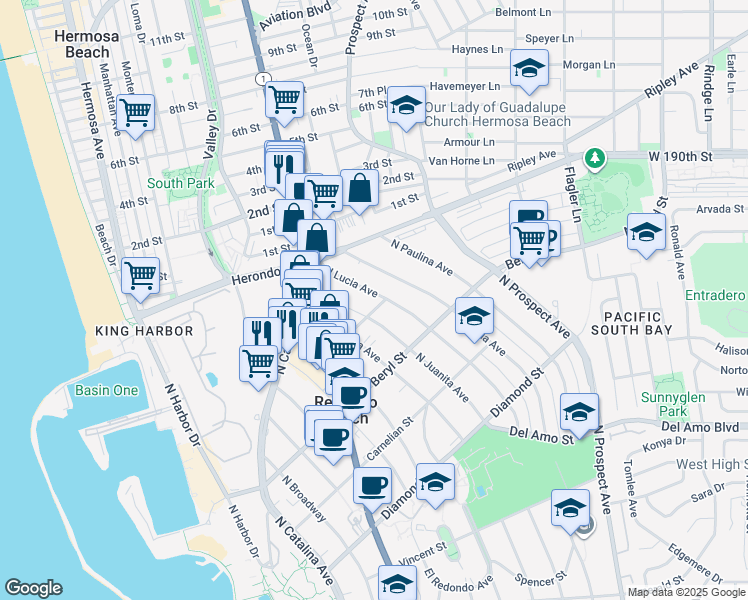 map of restaurants, bars, coffee shops, grocery stores, and more near 803 North Lucia Avenue in Redondo Beach