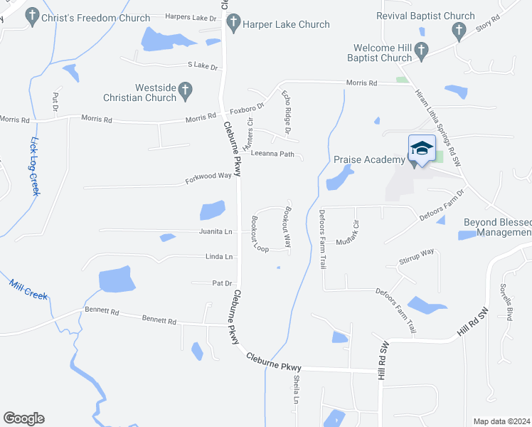 map of restaurants, bars, coffee shops, grocery stores, and more near 79 Bookout Loop in Powder Springs