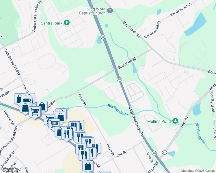 map of restaurants, bars, coffee shops, grocery stores, and more near 221 Eleanora Way in Loganville