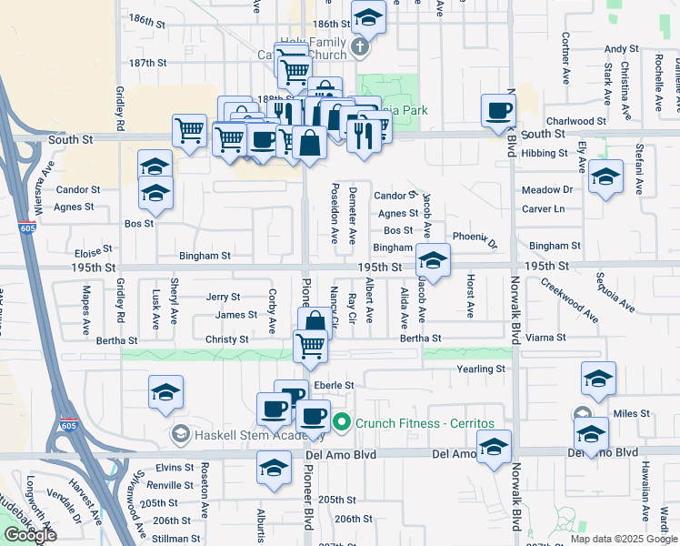 map of restaurants, bars, coffee shops, grocery stores, and more near 11847 Gonsalves Street in Cerritos