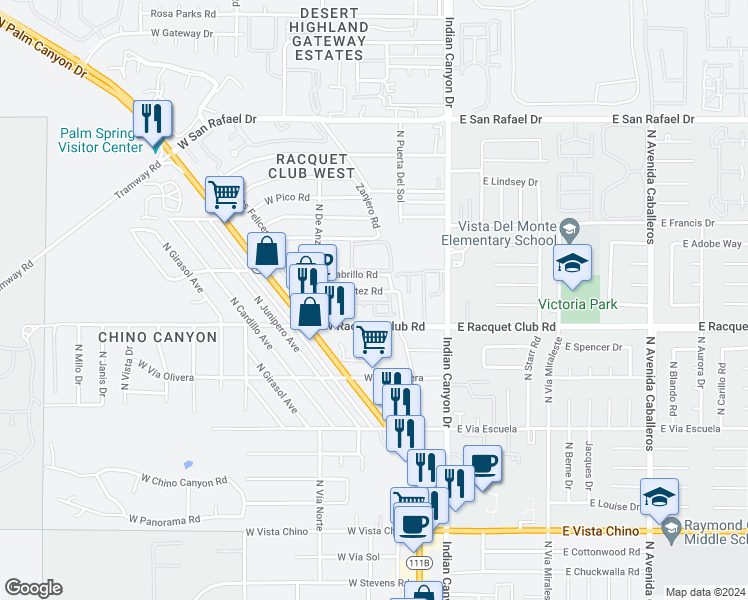map of restaurants, bars, coffee shops, grocery stores, and more near 280 West Cortez Road in Palm Springs