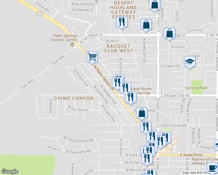 map of restaurants, bars, coffee shops, grocery stores, and more near 2583 North Palm Canyon Drive in Palm Springs