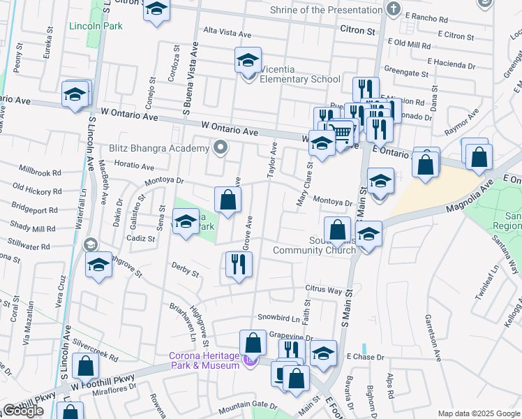 map of restaurants, bars, coffee shops, grocery stores, and more near 2405 Grove Avenue in Corona