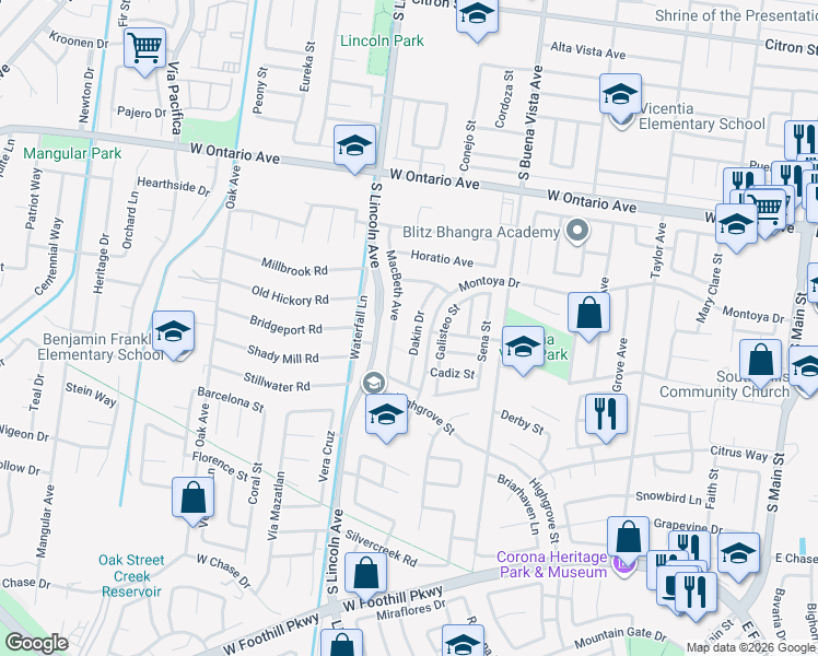 map of restaurants, bars, coffee shops, grocery stores, and more near 2536 Dakin Drive in Corona