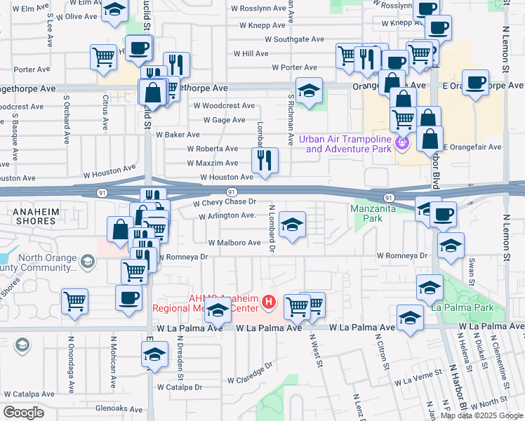 map of restaurants, bars, coffee shops, grocery stores, and more near 1206 West Chevy Chase Drive in Anaheim