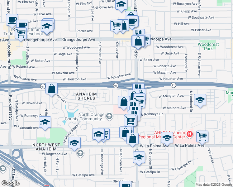 map of restaurants, bars, coffee shops, grocery stores, and more near 1731 West Medical Center Drive in Anaheim