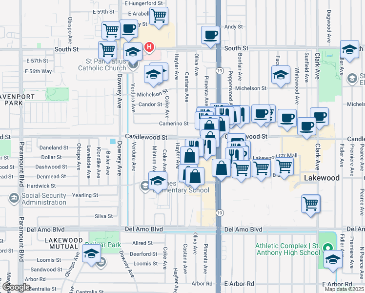 map of restaurants, bars, coffee shops, grocery stores, and more near 5250 Hayter Avenue in Lakewood